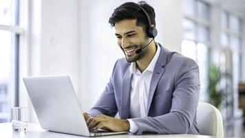 AI generated a smiling man wearing a headset and smiling while using a laptop photo