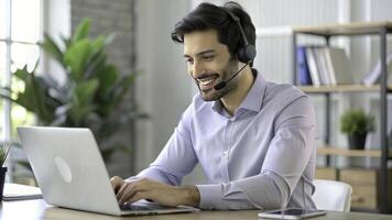 AI generated a smiling man wearing a headset and smiling while using a laptop photo