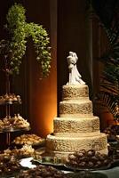 beautiful golden and decorated wedding cake on the sweets table at party photo