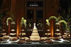 beautiful golden and decorated wedding cake on the sweets table at party photo