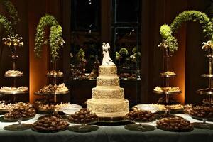 beautiful golden and decorated wedding cake on the sweets table at party photo