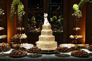 beautiful golden and decorated wedding cake on the sweets table at party photo