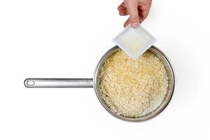 step by step of pea risotto with cheese. Classic Italian dish photo