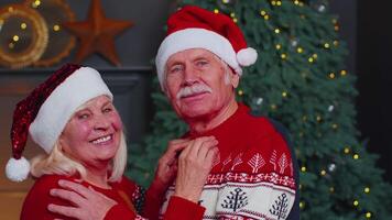Senior couple family in Santa Claus hats celebrating Christmas looking at camera and hugging at home video
