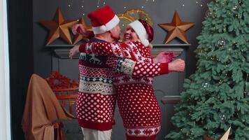 gelukkig senior oud familie paar grootmoeder grootmoeder omarmen Bij versierd Kerstmis huis kamer video