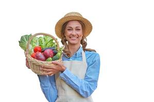 Woman dressed apron white background Caucasian middle age  female business owner in uniform photo