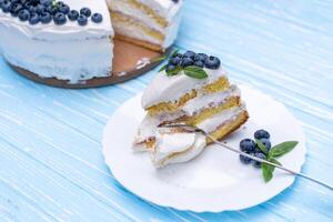 Appetizing cheesecake cake biscuit pillow decorated white cream blueberries and mint stands on wooden blue rustic table photo