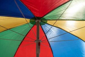 multicolored umbrella open to the sun. Bottom view on the inside photo