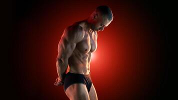 Active lifestyle concept. Professional bodybuilder showing perfect muscular body, lamps illumination on background photo