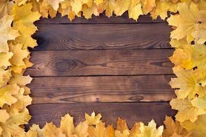 Autumn leaves frame on wooden background top view photo