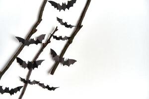 Halloween decoration concept black paper bats dry branch stick white cardboard background photo