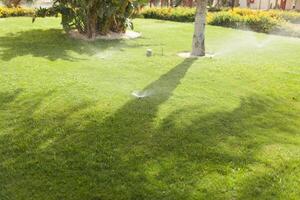 Automatic sprinkler head spraying water over green grass photo