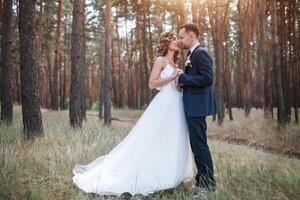 Bride and groom at wedding Day walking Outdoors on summer nature. Bridal couple, Happy Newlywed woman and man embracing in green park. Loving wedding couple outdoor. Bride and groom photo