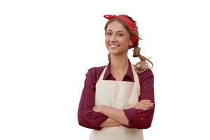 Woman dressed apron white background Caucasian middle age  female business owner in uniform photo