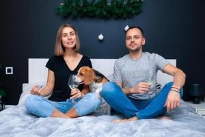 Young couple sitting on a bed in the bedroom, hugging. Near them is their dog photo