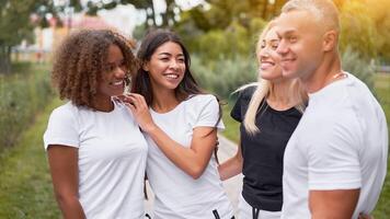 Multi-ethnic group people teenage friends. African-american, asian, caucasian student spending time together Multiracial friendship photo