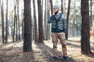 a young man with a beard walks in a pine forest. Portrait of a brutal bearded man Autumn forest photo