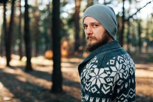 a young man with a beard walks in a pine forest. Portrait of a brutal bearded man Autumn forest photo