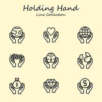 Holding Hand Editable Icons Set Line Style. Hand, earth, conservation, love, money. Outline Collection vector