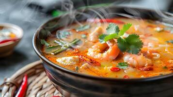 AI generated Steaming bowl of Tom Yum Goong vibrant colors photo