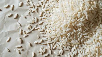 AI generated Rice grains scattered on the paper. Top view. Background. Texture. Concept of uncooked food, dietary staple, cereal grain, and agricultural product photo