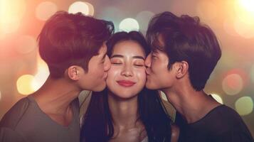 AI generated Two Asian men kissing Asian woman on the cheek on a bokeh background. Concept of affection, friendship, love triangle, and happy relationships. photo