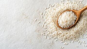 AI generated Grains of uncooked white rice in wooden spoon on white textured background. Top view. Banner with copy space. Concept of cooking ingredient, healthy nutrition, cereal grain photo