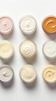 AI generated Variety of organic cosmetic creams for skin care in open jars on white background. Top view. Concept of skincare variety, cosmetics assortment, and beauty product display. photo
