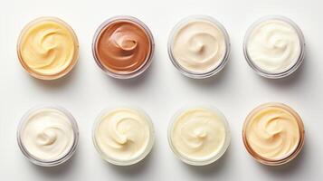AI generated Variety of organic cosmetic creams for skin care in open jars on a white background. Top view. Concept of skincare variety, cosmetics assortment, and beauty product display photo