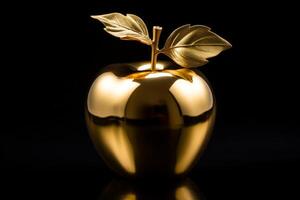 AI generated Golden apple made of gold, on a black background. Suitable for concepts of wealth, luxury, and temptation in art and advertising photo