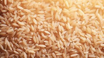 AI generated Dense, full frame of golden rice grains, rich in detail and color. Top view. Background. Texture. Concept of uncooked food, dietary staple, cereal grain, and agricultural product photo