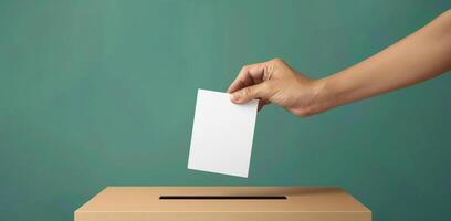 AI generated Female Hand placing a ballot into voting box. Voter. Caucasian woman voting. Isolated on green background. Concept of democracy, presidential elections, freedom, political process. Banner photo