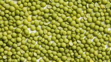 AI generated Scattered green split peas on a white background. Top view. Textured backdrop. Concept of vegetarian protein, natural food ingredients, and healthy diet photo