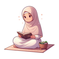 AI generated muslim woman is reading al quran, in cartoon style png