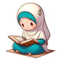 AI generated muslim girl is reading al quran, in cartoon style png