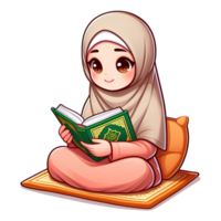 AI generated Muslim woman character sitting reading the quran, in cartoon style. png