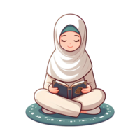 AI generated muslim woman is reading the quran during ramadan, in cartoon style png