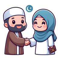 ai généré musulman homme et musulman femme poignée de main pendant eid Al Fitr, dans dessin animé style png