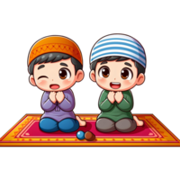 AI generated Muslim boy sitting on prayer mat, in cartoon style png