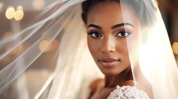 AI generated Young African American woman in white wedding dress with a veil. Beautiful bride. Close up. Bokeh lights backdrop. Concept of wedding day, marriage, bridal beauty, and romance. photo