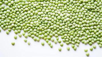 AI generated Fresh green soybeans spread on a white surface. Concept of organic produce, healthy eating, and vegetarian ingredients. Top view. Textured background photo