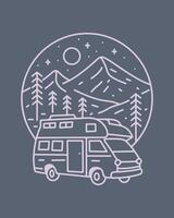 The Journey of camper van is about travel to camp mono line design for badge, sticker, patch, t shirt design, etc vector