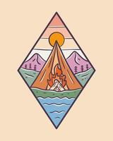 Camping near the river warmed by bonfire under the beautiful mountains, design for badge, t shirt, sticker, badge vector art