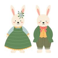 Pair of hares in flat style. Cute rabbits in vintage costumes. Kids funny characters. vector