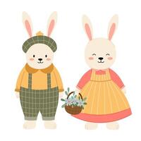 Pair of hares in flat style. Cute bunnies in vintage outfits. A hare in a cap and a hare in a sundress with a basket. Kids funny characters. vector