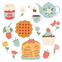 Illustrations of teapot, pie, pancakes, raspberries in flat style. Set of vector breakfast elements.