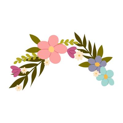 Floral arch in flat style. Composition of spring flowers for decoration. Postcard, invitation, floral decor, frame.