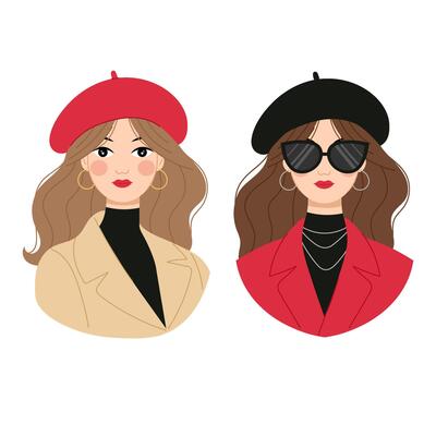 French woman. Flat illustration of a girl. Set of illustrations young French women in red and black berets.