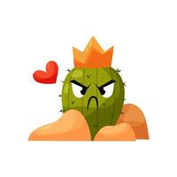 Cactus in flat style. The character of an offended cactus wearing a crown with a heart. Prickly plant. vector