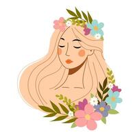 Portrait of a beautiful young girl wearing a flower wreath in flat style. Woman with flowers. vector